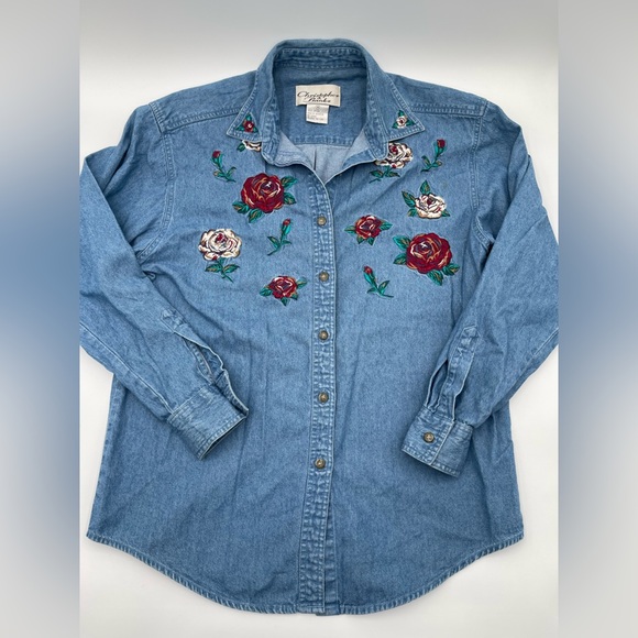 Vtg Christopher & Banks Denim Medium Button Up Embroidered Shirt Floral Roses - Picture 4 of 13